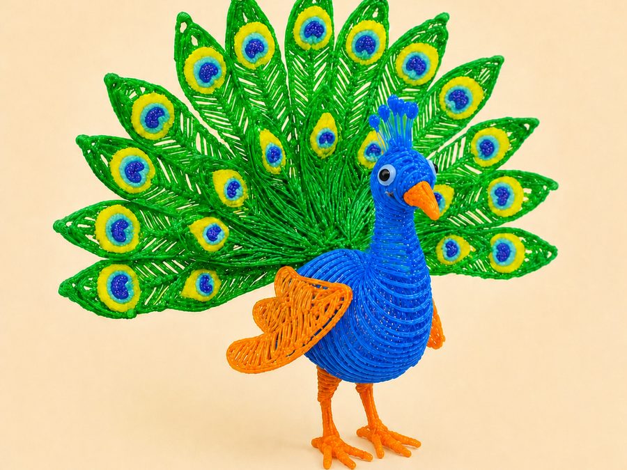 Un pavo real con plumas verdes y azules creado con un bolígrafo 3D