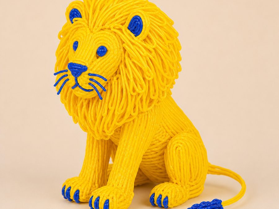 Un león amarillo creado con un bolígrafo 3D